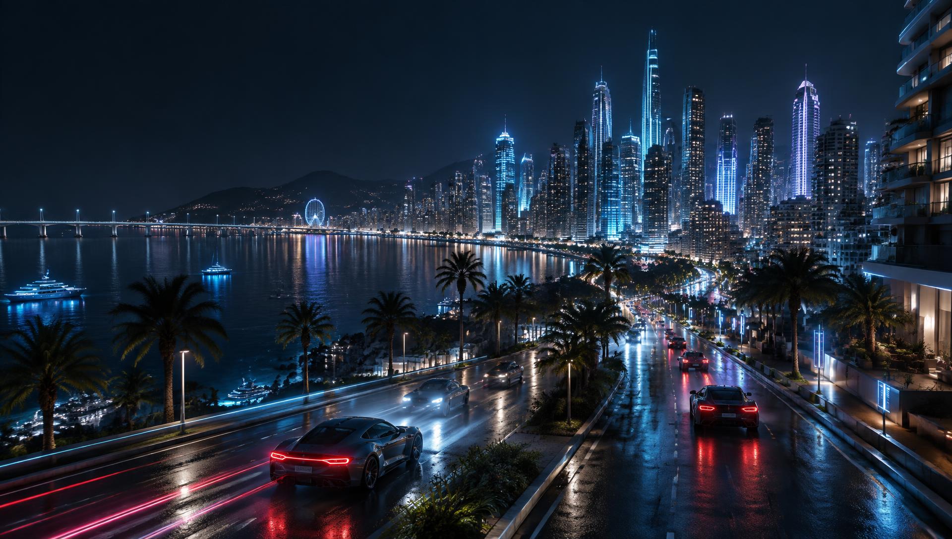 Metrópole costeira do Mundo Blazze iluminada à noite